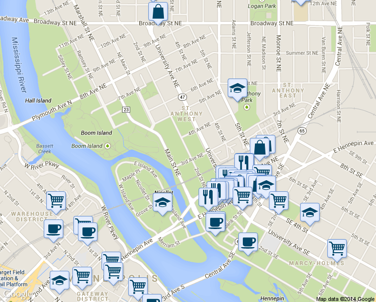 map of restaurants, bars, coffee shops, grocery stores, and more near 213 3rd Avenue Northeast in Minneapolis