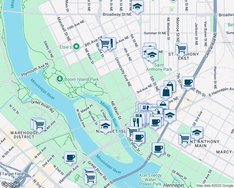 map of restaurants, bars, coffee shops, grocery stores, and more near 322 Northeast 2nd Street in Minneapolis