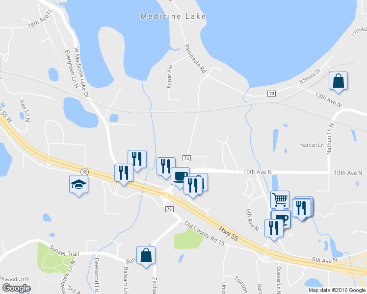 map of restaurants, bars, coffee shops, grocery stores, and more near 10806 South Shore Drive in Minneapolis
