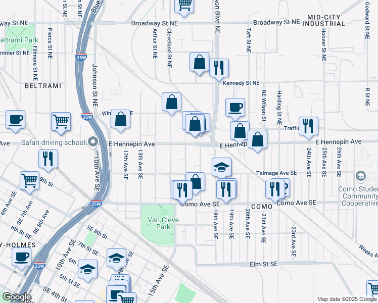 map of restaurants, bars, coffee shops, grocery stores, and more near 1106 16th Avenue Southeast in Minneapolis