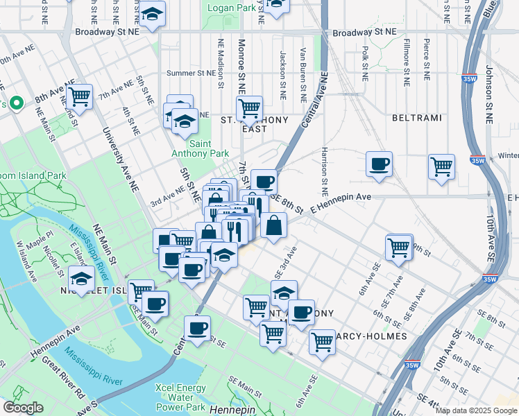 map of restaurants, bars, coffee shops, grocery stores, and more near in Minneapolis