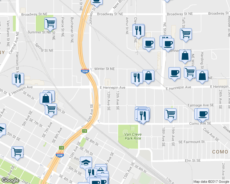map of restaurants, bars, coffee shops, grocery stores, and more near 1106 12th Avenue Southeast in Minneapolis
