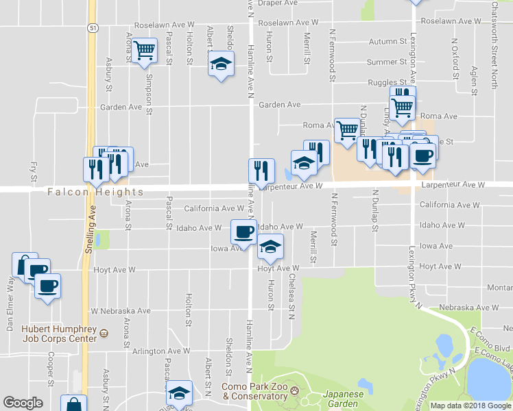 map of restaurants, bars, coffee shops, grocery stores, and more near 1654 Hamline Avenue North in Saint Paul