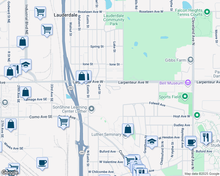map of restaurants, bars, coffee shops, grocery stores, and more near 1612 Rose Hill Circle in Saint Paul