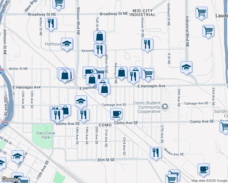 map of restaurants, bars, coffee shops, grocery stores, and more near 1101 22nd Avenue Southeast in Minneapolis