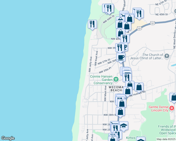 map of restaurants, bars, coffee shops, grocery stores, and more near 3529 Northwest Jetty Avenue in Lincoln City
