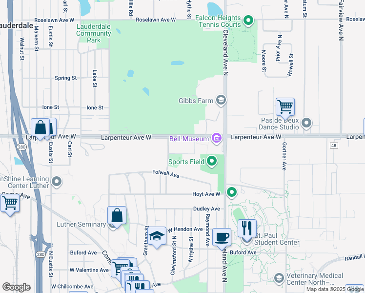 map of restaurants, bars, coffee shops, grocery stores, and more near 1666 Coffman Street in Saint Paul