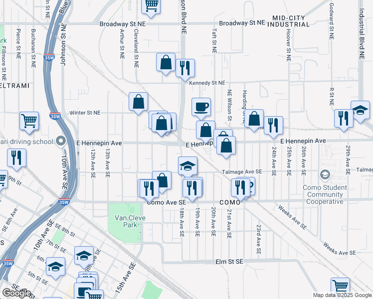map of restaurants, bars, coffee shops, grocery stores, and more near 1108 18th Avenue Southeast in Minneapolis