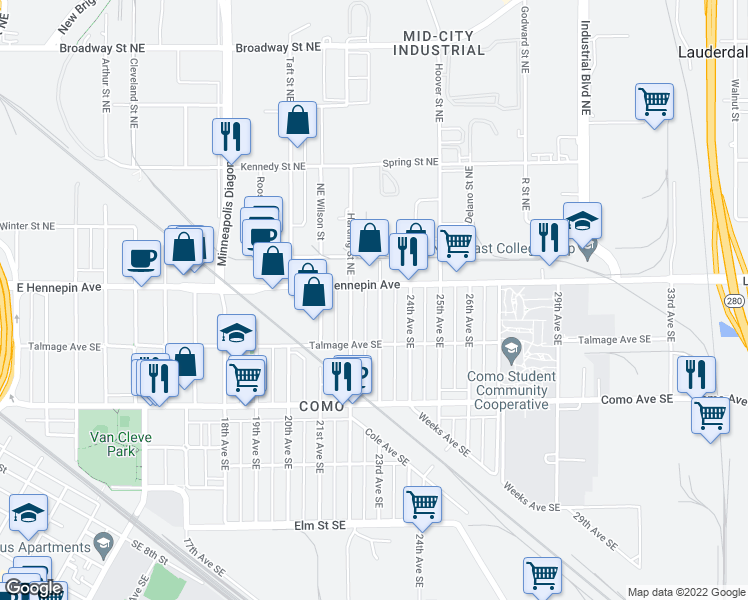 map of restaurants, bars, coffee shops, grocery stores, and more near 1101 23rd Avenue Southeast in Minneapolis