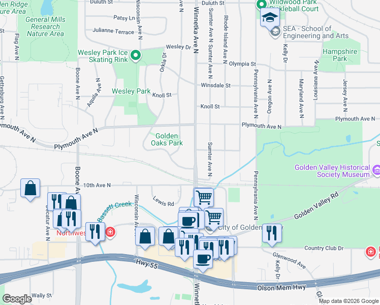 map of restaurants, bars, coffee shops, grocery stores, and more near 1039 Winnetka Avenue North in Minneapolis