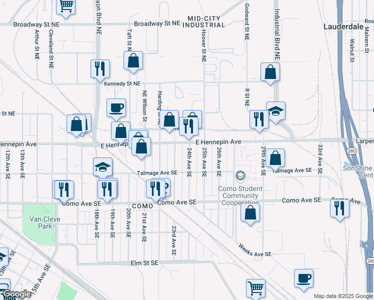 map of restaurants, bars, coffee shops, grocery stores, and more near 1101 24th Avenue Southeast in Minneapolis