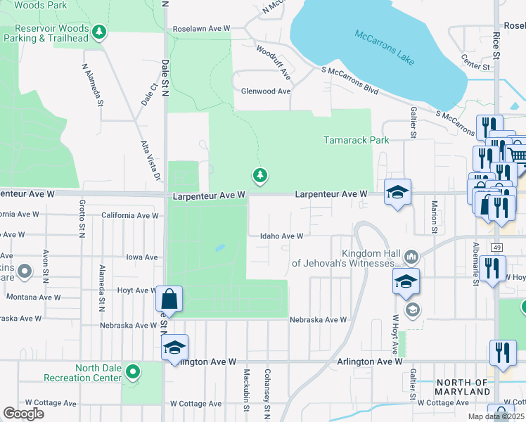 map of restaurants, bars, coffee shops, grocery stores, and more near 1653 Cohansey Street North in Saint Paul