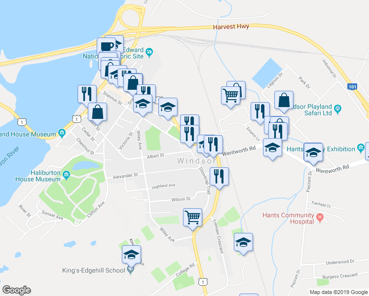 map of restaurants, bars, coffee shops, grocery stores, and more near 494 King Street in Windsor