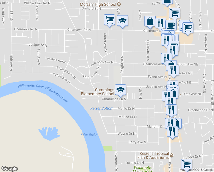 map of restaurants, bars, coffee shops, grocery stores, and more near 4625 Rivercrest Drive North in Keizer