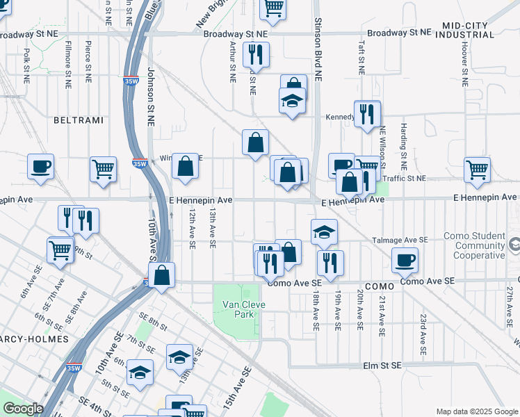 map of restaurants, bars, coffee shops, grocery stores, and more near 1103 15th Avenue Southeast in Minneapolis
