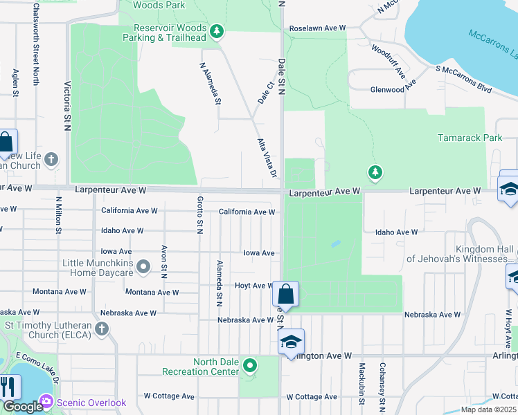 map of restaurants, bars, coffee shops, grocery stores, and more near 653 California Avenue West in Saint Paul