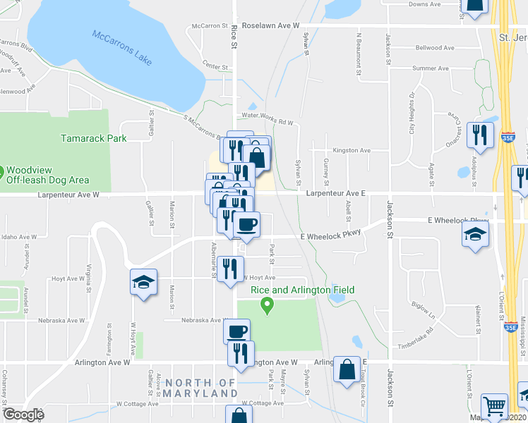 map of restaurants, bars, coffee shops, grocery stores, and more near 83 Larpenteur Avenue West in Saint Paul