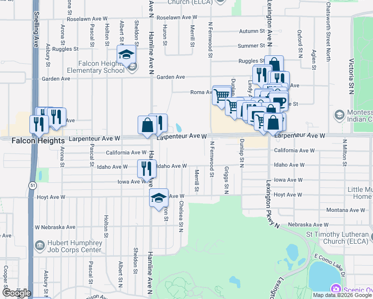 map of restaurants, bars, coffee shops, grocery stores, and more near 1260 Larpenteur Avenue West in Saint Paul