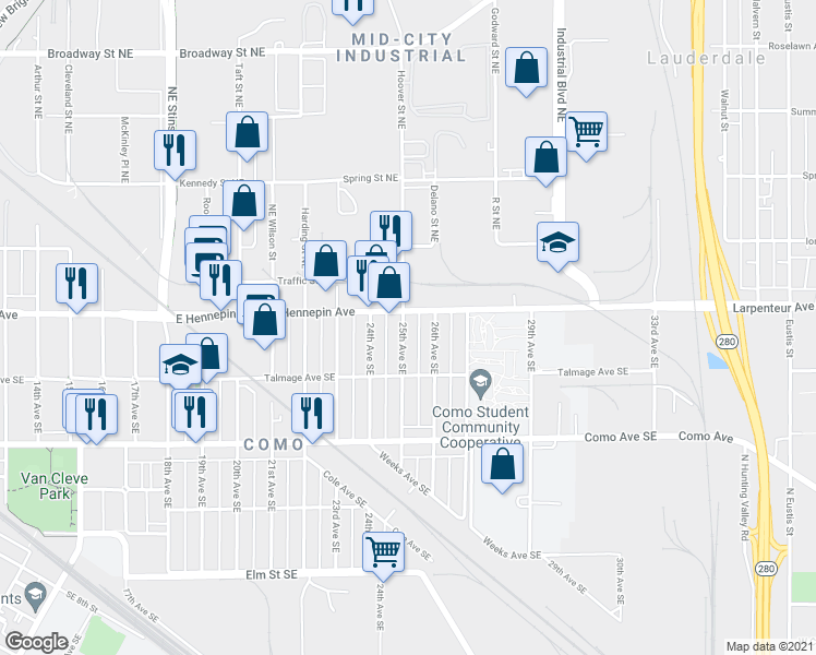 map of restaurants, bars, coffee shops, grocery stores, and more near 1094 25th Avenue Southeast in Minneapolis