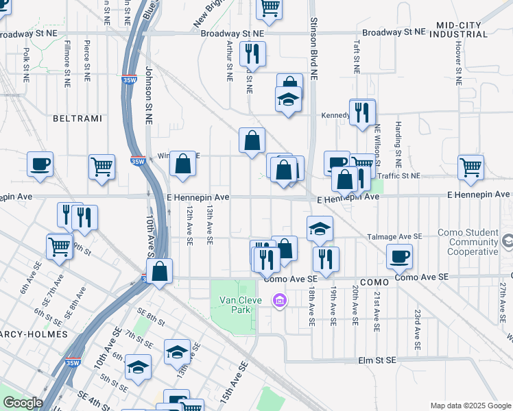 map of restaurants, bars, coffee shops, grocery stores, and more near 1103 15th Avenue Southeast in Minneapolis