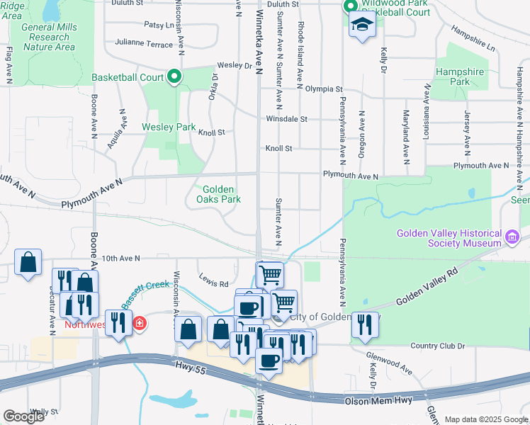 map of restaurants, bars, coffee shops, grocery stores, and more near 1035 Sumter Avenue North in Minneapolis