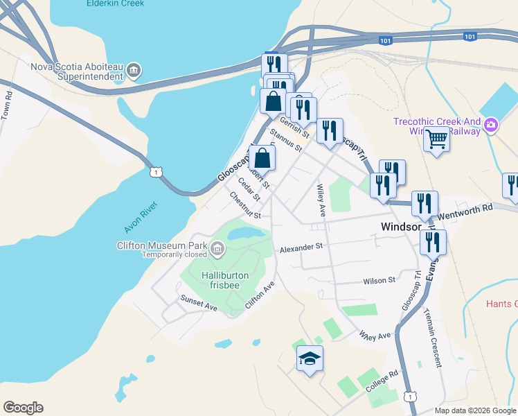 map of restaurants, bars, coffee shops, grocery stores, and more near 336 Gray Street in Windsor