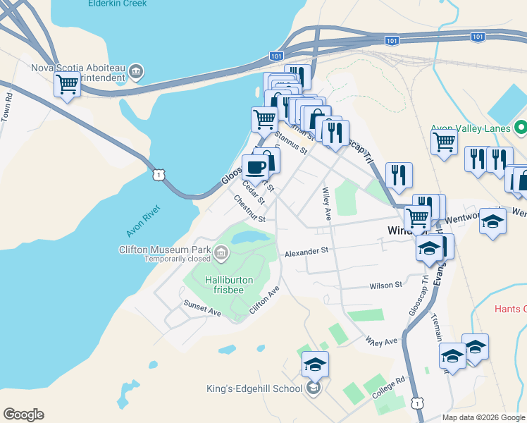 map of restaurants, bars, coffee shops, grocery stores, and more near 336 Gray Street in Windsor