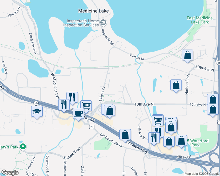 map of restaurants, bars, coffee shops, grocery stores, and more near 10849 South Shore Drive in Minneapolis