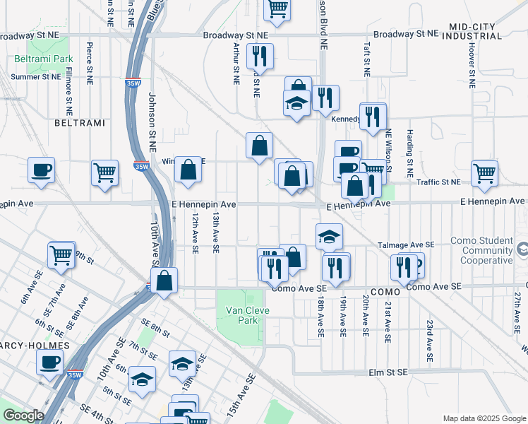map of restaurants, bars, coffee shops, grocery stores, and more near 1108 15th Avenue Southeast in Minneapolis