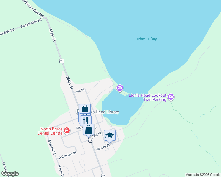 map of restaurants, bars, coffee shops, grocery stores, and more near 11 McNeil Street in Northern Bruce Peninsula