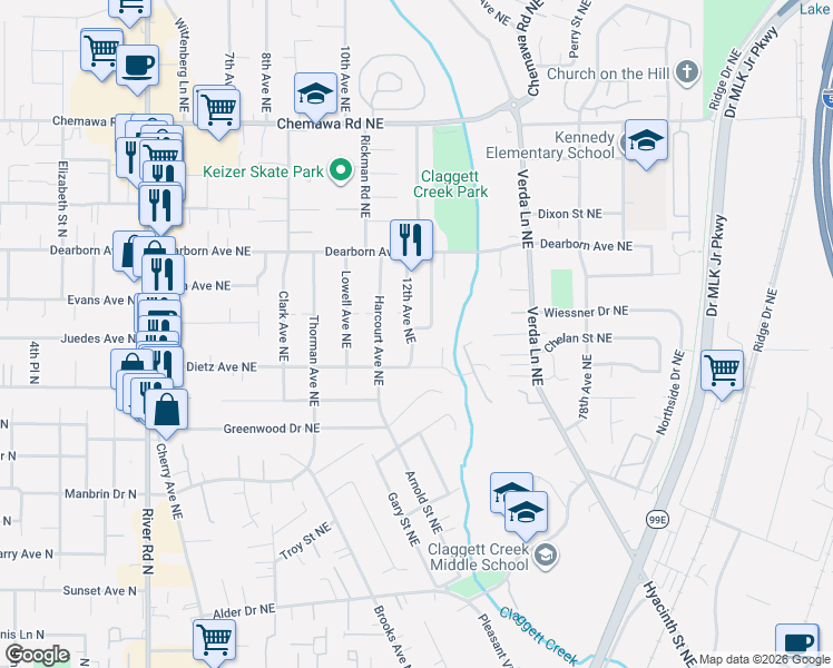 map of restaurants, bars, coffee shops, grocery stores, and more near 4658 13th Avenue Northeast in Keizer