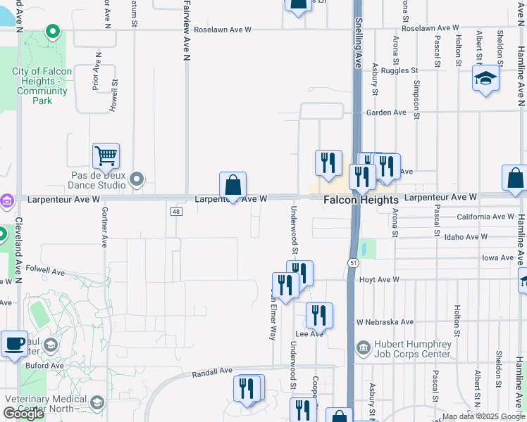 map of restaurants, bars, coffee shops, grocery stores, and more near 1710 Larpenteur Avenue West in Falcon Heights