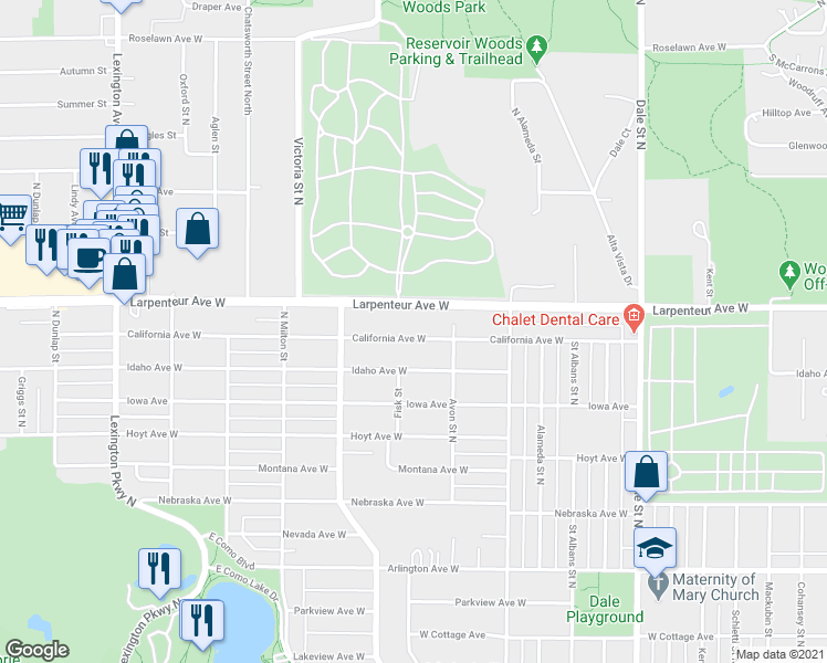 map of restaurants, bars, coffee shops, grocery stores, and more near 835 California Avenue West in Saint Paul