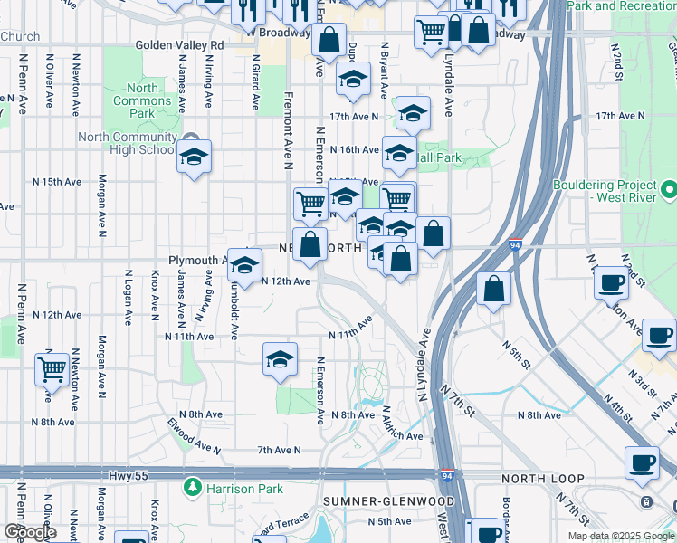 map of restaurants, bars, coffee shops, grocery stores, and more near 1223 North 7th Street in Minneapolis