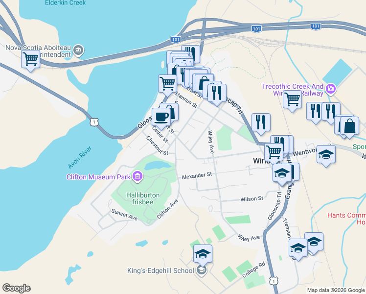 map of restaurants, bars, coffee shops, grocery stores, and more near 192 Albert Street in Windsor