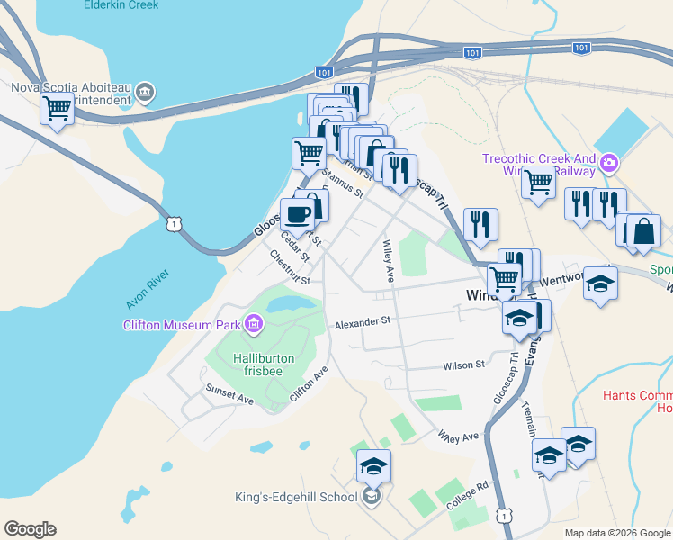 map of restaurants, bars, coffee shops, grocery stores, and more near 192 Albert Street in Windsor