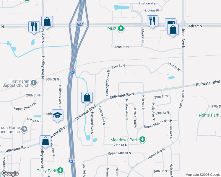 map of restaurants, bars, coffee shops, grocery stores, and more near 2929 Hemingway Avenue North in Oakdale