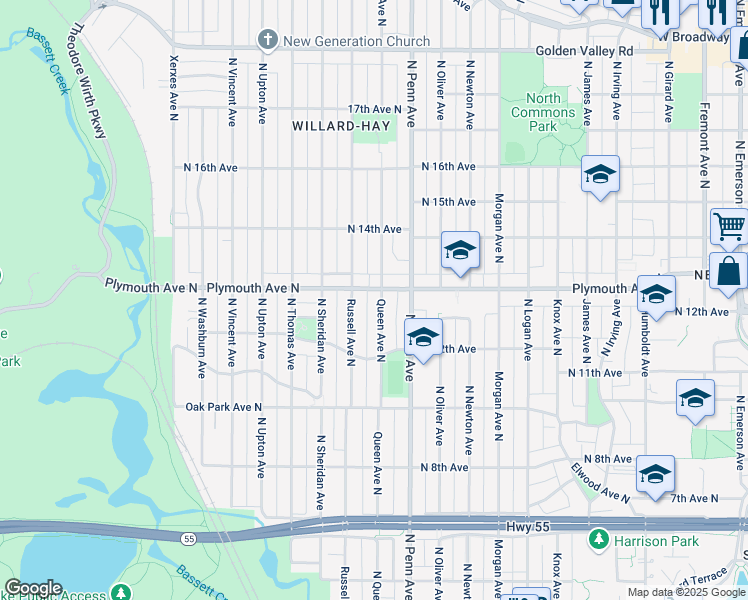 map of restaurants, bars, coffee shops, grocery stores, and more near 1255 Queen Avenue North in Minneapolis