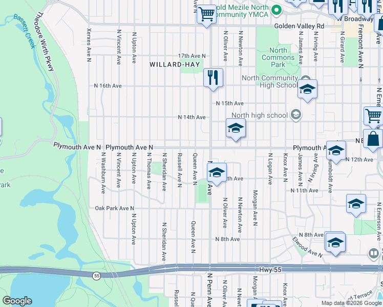 map of restaurants, bars, coffee shops, grocery stores, and more near 1255 Queen Avenue North in Minneapolis