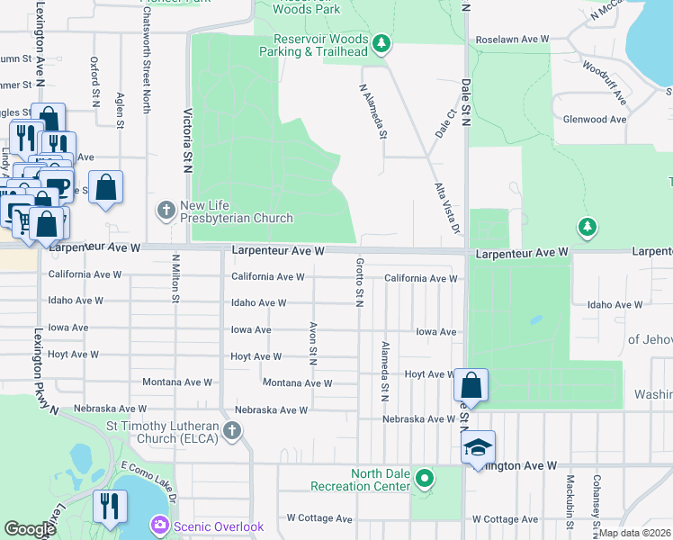 map of restaurants, bars, coffee shops, grocery stores, and more near 763 California Avenue West in Saint Paul