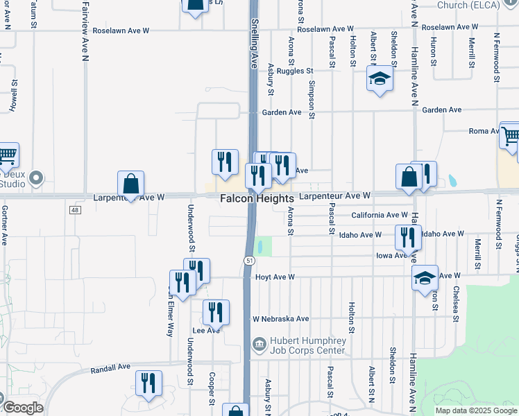 map of restaurants, bars, coffee shops, grocery stores, and more near 1550 Larpenteur Avenue West in Falcon Heights
