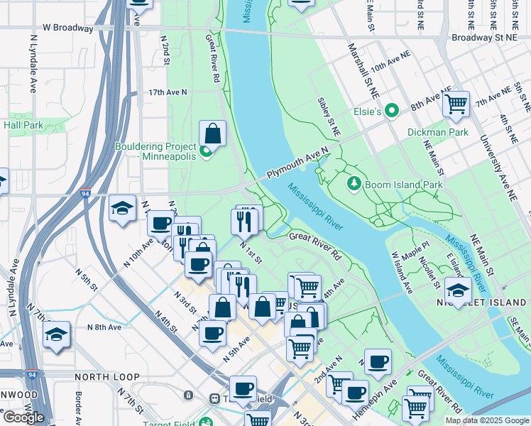 map of restaurants, bars, coffee shops, grocery stores, and more near 1 Plymouth Avenue North in Minneapolis