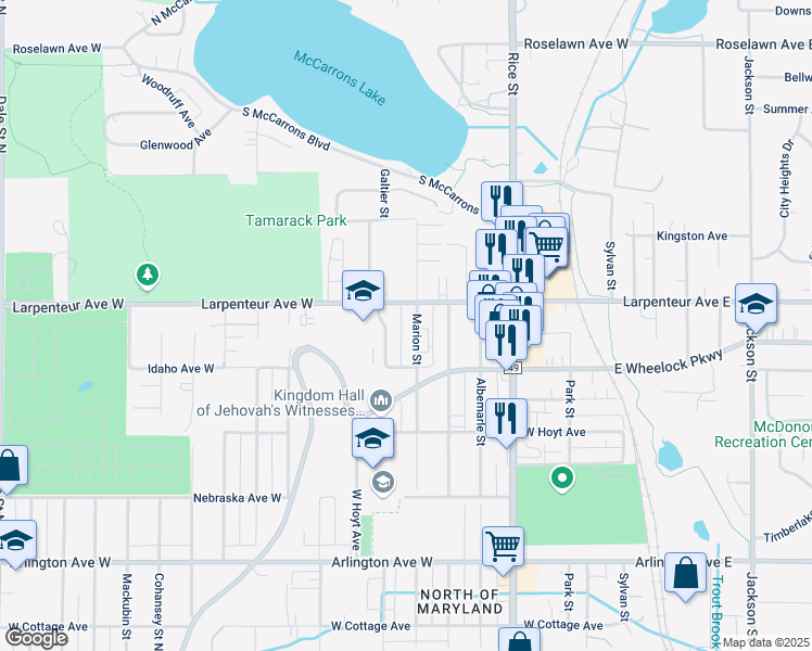 map of restaurants, bars, coffee shops, grocery stores, and more near 1650 Marion Street in Saint Paul