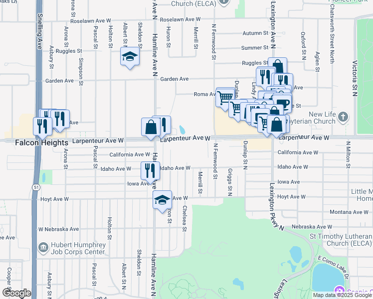 map of restaurants, bars, coffee shops, grocery stores, and more near 1276 Larpenteur Avenue West in Saint Paul