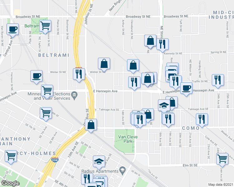 map of restaurants, bars, coffee shops, grocery stores, and more near 1105 14th Avenue Southeast in Minneapolis