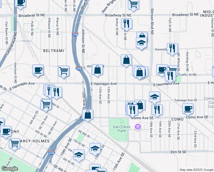 map of restaurants, bars, coffee shops, grocery stores, and more near 1106 12th Avenue Southeast in Minneapolis
