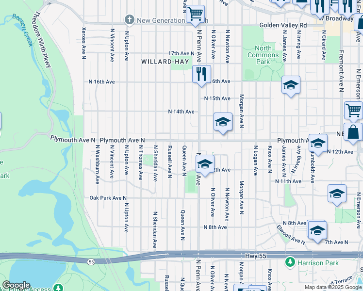 map of restaurants, bars, coffee shops, grocery stores, and more near 1244 Russell Avenue North in Minneapolis