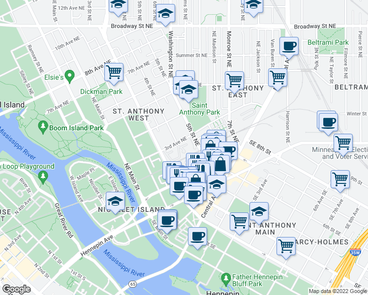map of restaurants, bars, coffee shops, grocery stores, and more near 422 3rd Avenue Northeast in Minneapolis
