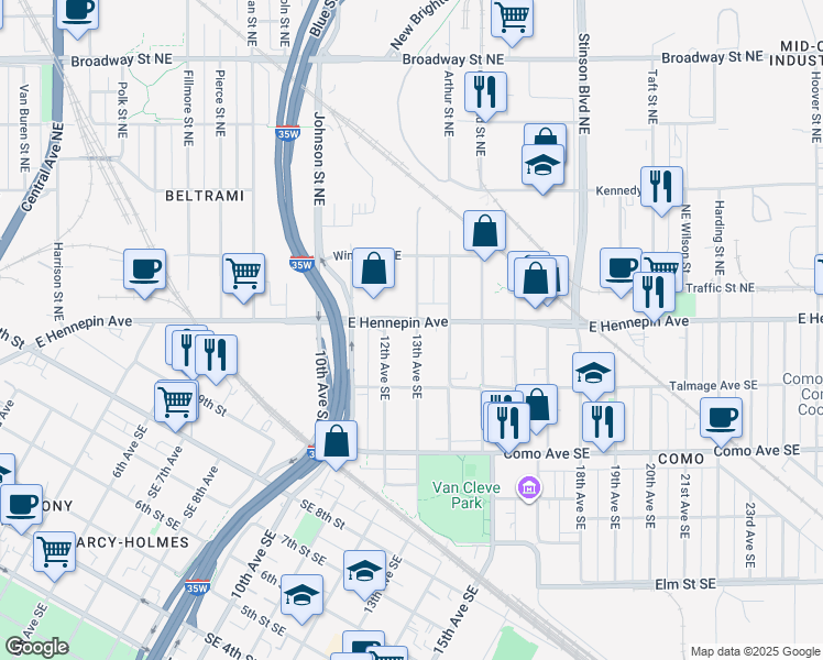 map of restaurants, bars, coffee shops, grocery stores, and more near 1106 12th Avenue Southeast in Minneapolis