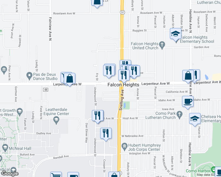 map of restaurants, bars, coffee shops, grocery stores, and more near 1667 Snelling Avenue in Saint Paul